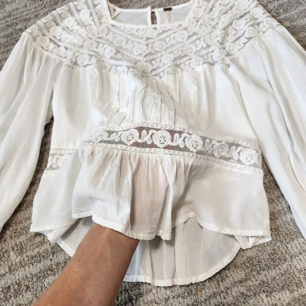 Free People women Sweet Mornings bohemian style 3/4 sleeve lace white top size M